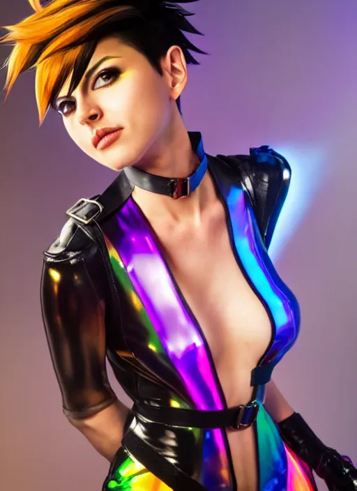 Image similar to hyperrealistic style portrait of tracer overwatch, confident pose, wearing black iridescent rainbow latex, rainbow, neon, 4 k, expressive happy smug expression, makeup, in style of mark arian, wearing detailed black leather collar, wearing sleek armor, black leather harness, expressive detailed face and eyes,