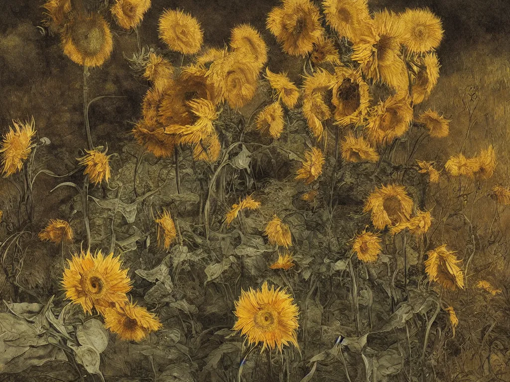 Prompt: withered dry sunflowers, rippling, minimalist environment, by esao andrews and maria sibylla merian eugene delacroix, gustave dore, thomas moran, pop art, art by charles burns, andrew wyeth