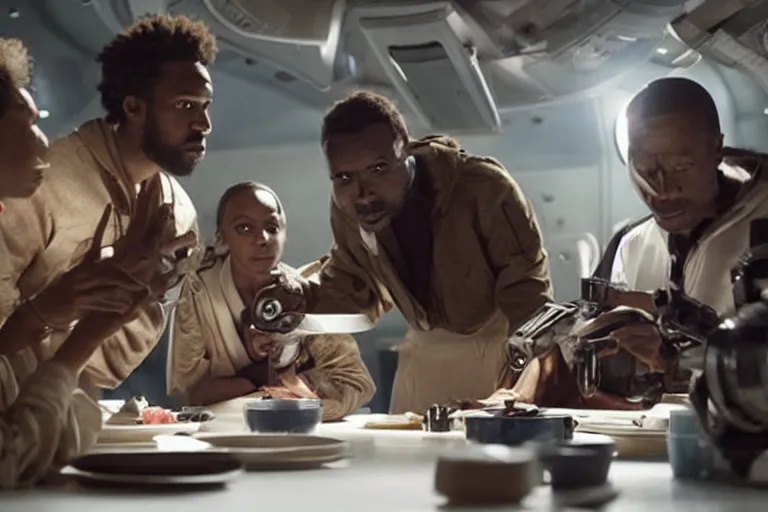 Image similar to movie closeup diverse interracial small team of American sci-fi futuristic space explorers talking at the table in a spaceship kitchen, beautiful skin, Symmetrical faces. Beautiful lighting by Emmanuel Lubezki