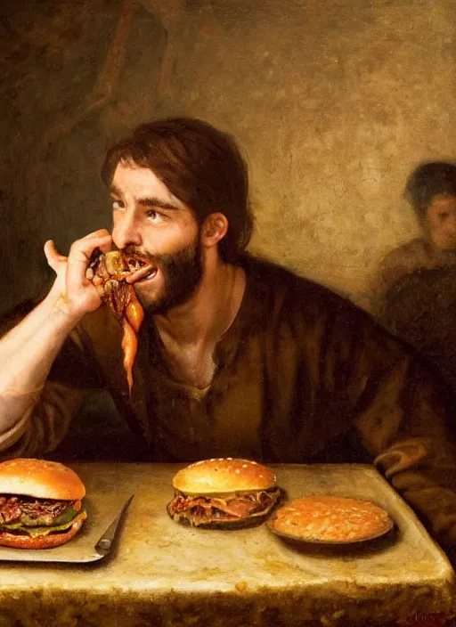 Image similar to young man eating a hamburger in the center of a dark medieval dinning room, surrounded by starving people in front of a giant painting, extremely realistic and highly detailed painting by gaston bussiere, soft light, gold ratio