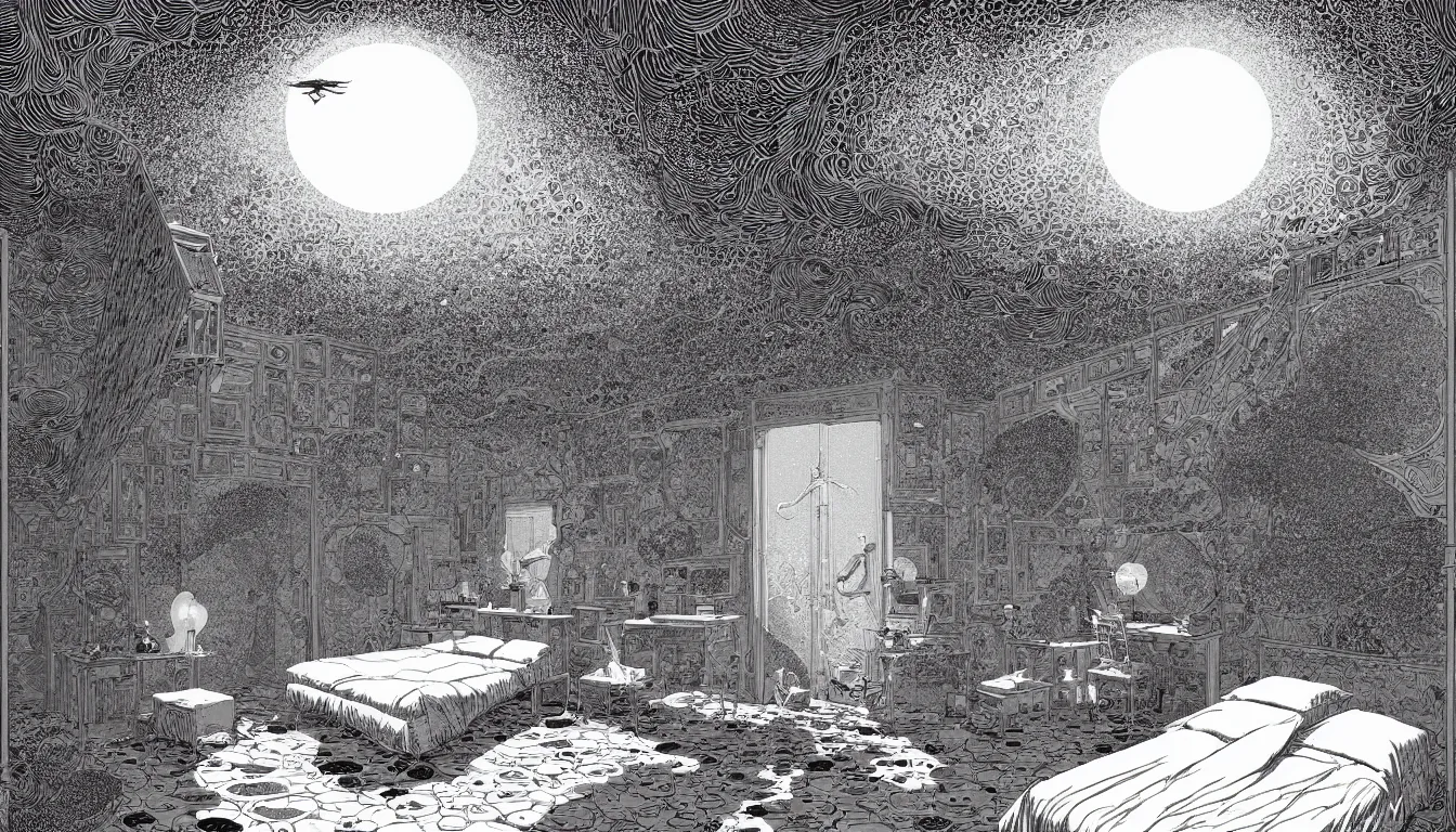 Prompt: bedroom by nicolas delort, moebius, victo ngai, josan gonzalez, kilian eng