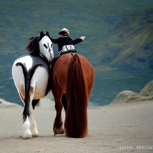 Prompt: horse, clydesdale horse, the penguin is riding on the horse's back