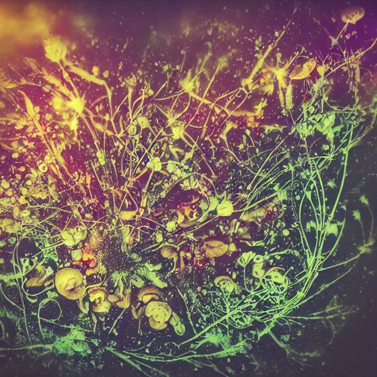 Image similar to double exposure of dally life, symbols of live, explosion, different sprouts and microgreens on mushrooms, cyber mushroom city, mushroom matrix, love is the most relevant theme, 8 k resolution, artistic mode, artistic, trending on instagram, long exposure, love art, serious, fantasy and dreams vibes, mushrooms style and macro style, spring vibes in twilight or sunset lights