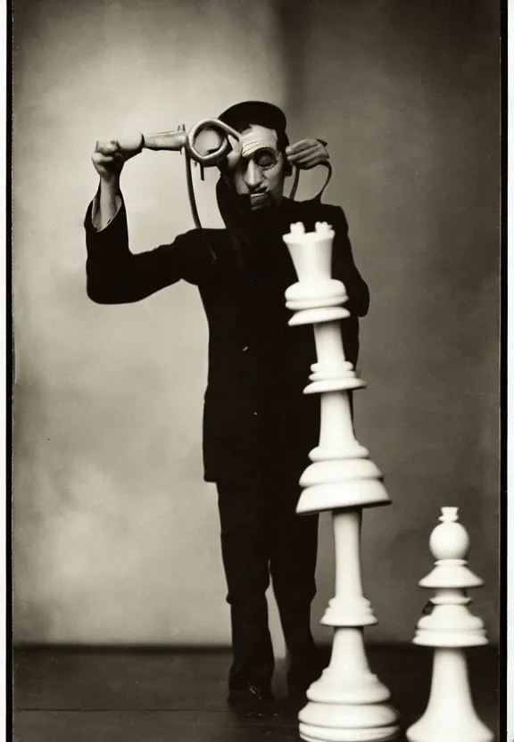 Image similar to a man holding up a single chess - piece, a surrealist painting by marcel duchamp, complex artificial - intelligence machinery, flickr contest winner, surrealist, studio portrait, 1 9 2 0 s