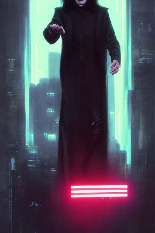 Image similar to portrait of severus snape in cyberpunk, neon lighting, night city, digital art from artstation by Ruan Jia and Mandy Jurgens and Artgerm and william-adolphe bouguereau and Greg Rutkowski