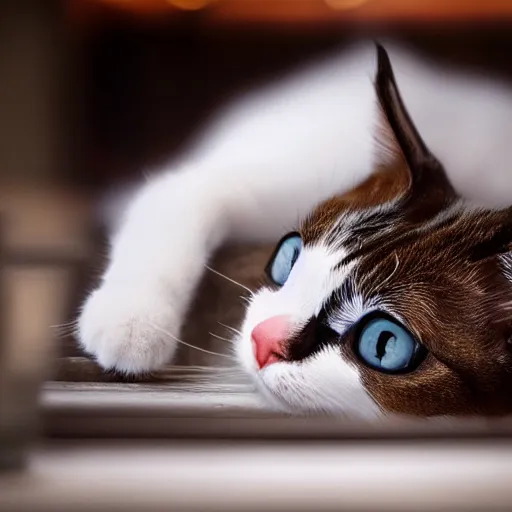 Image similar to cute snowshoe cat taking a nap at the bar, cinematic lighting,