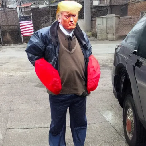 Image similar to donald trump dressed as a homeless man living in the slums