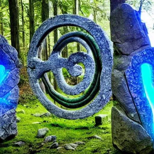 Image similar to a stargate made of stone with embedded blue glowing runes in the middle of a green forest with a beam of light