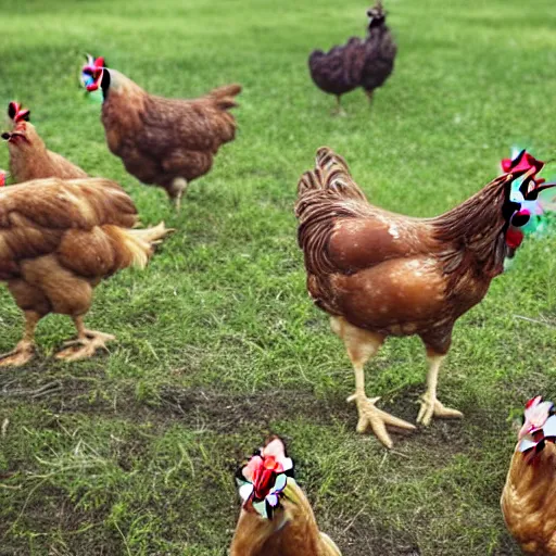 Image similar to photo of a chicken with no head stand in a farm with other regular chickens, higly detailed, 8 k, photorealistic