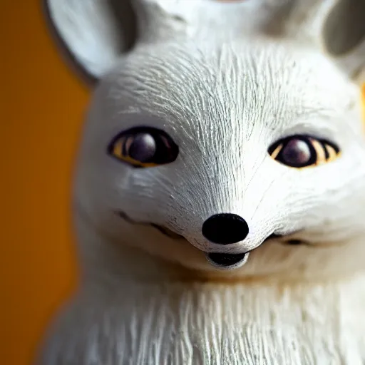 Prompt: close - up shot of a wooden handmade doll of a white fox, highly detailed, sharp focus, promo photo, by shaun tan,