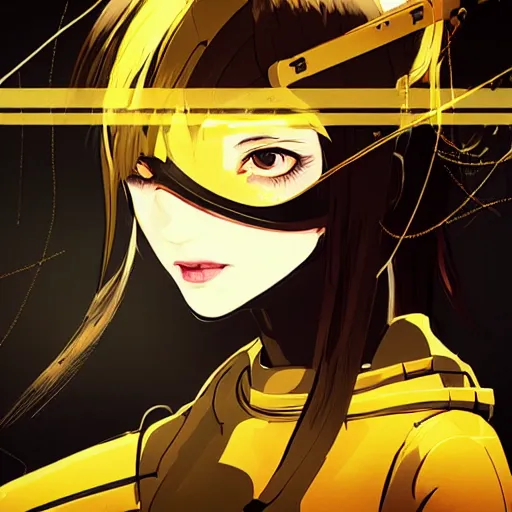 Image similar to Frequency indie album cover, luxury advertisement, golden filter, golden and black colors. A clean and detailed post-cyberpunk sci-fi close-up schoolgirl, she is very powerful, in asian city in style of cytus and deemo, mysterious vibes, by Tsutomu Nihei, by Ilya Kuvshinov, by Greg Tocchini, nier:automata, Yorda from Ico and Lain Iwakura, set in half-life 2, beautiful with eerie vibes, very inspirational, very stylish, with gradients, surrealistic, dystopia, postapocalyptic vibes, depth of field, mist, rich cinematic atmosphere, perfect digital art, mystical journey in strange world, beautiful dramatic dark moody tones and studio lighting, shadows, bastion game, arthouse