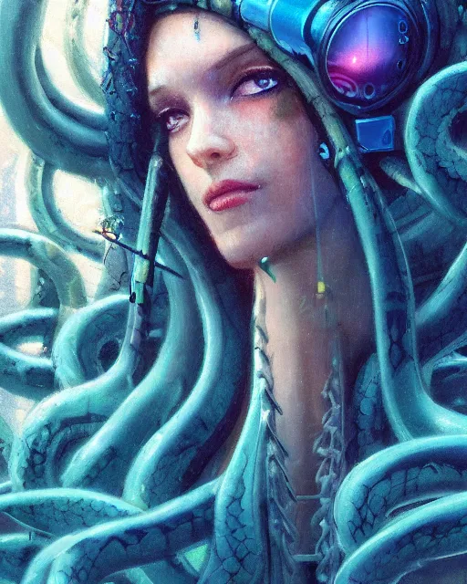 Image similar to muted, minimal, a cyberpunk close up portrait of cyborg medusa, electricity, snakes in hair, sparks, bokeh, soft focus, skin tones, warm, sky blue, daylight, by paul lehr, jesper ejsing