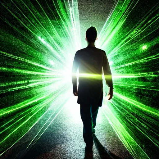 Prompt: A Man walking towards a green portal while a beam of light shines down in the background, vibrant, colorful, fantasy, HD, intricate detail