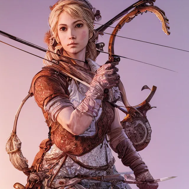 Prompt: the portrait of lawful neutral semi - colorful female archer huntress as absurdly beautiful, gorgeous, elegant, young woman, an ultrafine hyperdetailed illustration by kim jung gi, irakli nadar, intricate linework, bright colors, octopath traveler, final fantasy, unreal engine 5 highly rendered, global illumination, radiant light, detailed and intricate environment