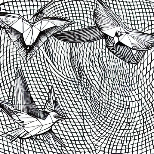 Image similar to an art nouveau design of low poly birds flying in an ink spiral, ink, line art, simple shapes