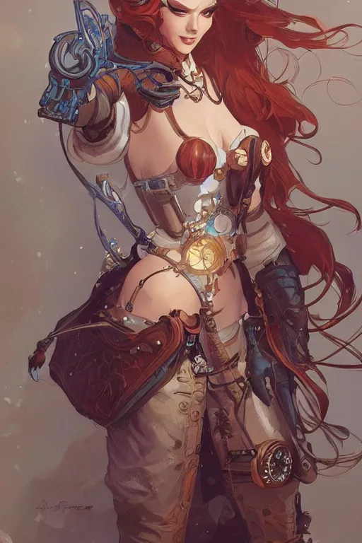 Image similar to ariel disney steampunk half - cyborg cowgirl, pelt coats, high fantasy, dnd, smooth, sharp focus, illustration, highly detailed, digital painting, artstation, concept art, by rossdraws, alphonse mucha, frank fanzzeta, collectible card art