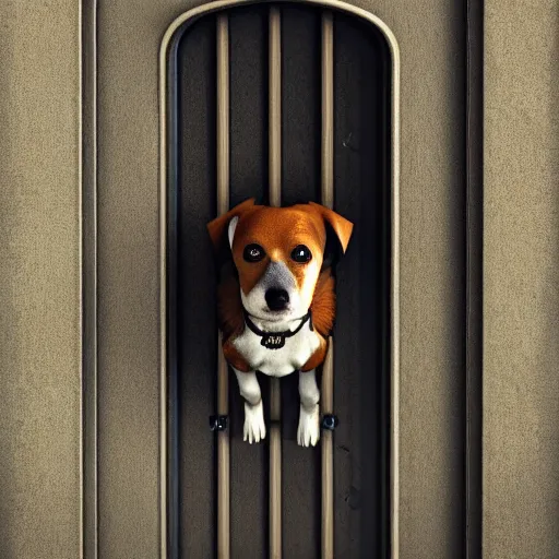 Image similar to dog staying on bottom legs near door with gate value, concept art, trending on artstation, highly detailed, intricate, sharp focus, digital art, 8 k