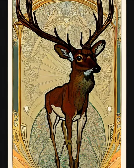 Image similar to an art nouveau painting of a deer with antlers, highly detailed, intricate, artstation, by alphonse mucha and james gurney