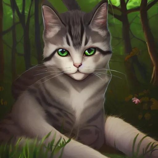 Image similar to a portrait of a cat in the forest, trending on artstation, trending on furaffinity, digital art, by kawacy, anime, furry art, warm light, backlighting, cartoon, concept art