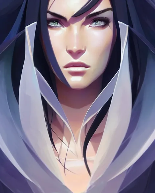 Image similar to azctec wizard, megan fox, gemstone forehead, detailed perfect face, exquisite details, fire magic, mid view, design on a white background, by studio muti, greg rutkowski makoto shinkai takashi takeuchi studio ghibli