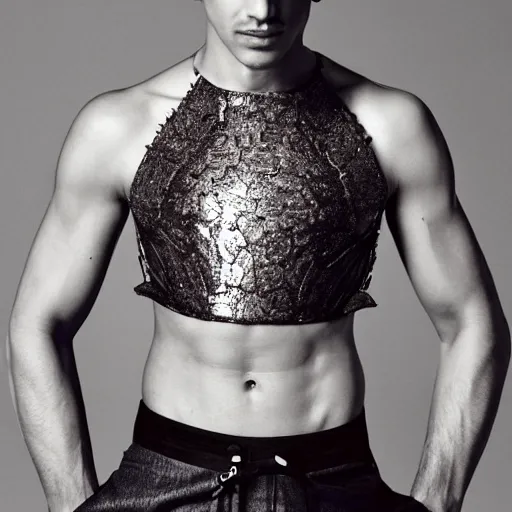 Image similar to a slim athletic beautiful mexican male wearing a iris van herpen crop top, photographed by tarsem singh for vogue magazine
