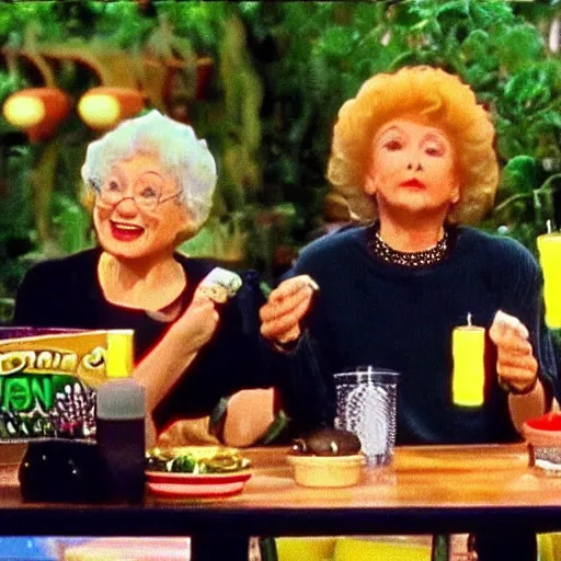 Image similar to Golden Girls cannabis mukbang with iguana guests Japanese game show 1996 divx rip