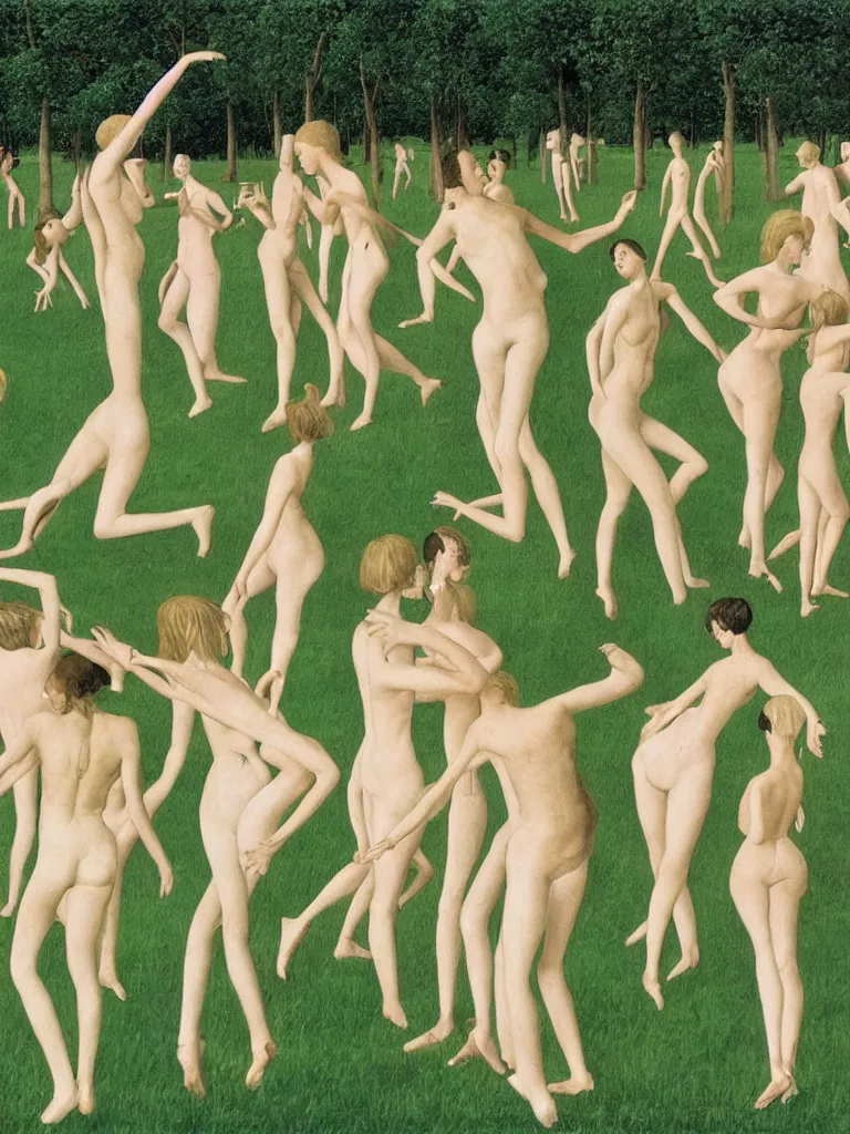 Image similar to A stylish group of disco dancers, dancing outside in a lush green field, pastel colors, long shadows. Painting by Alex Colville, Piero della Francesca