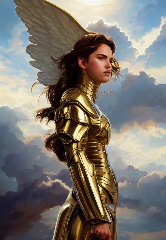 Image similar to A beautiful fierce photogenic angel wearing metallic battle armor, posing among heavenly sunlit clouds, close-up shot, elegant, digital painting, golden hour, cinematic, epic, trending on artstation, concept art, smooth, sharp focus, illustration, art by artgerm and Greg Rutkowski and Alphonse Mucha