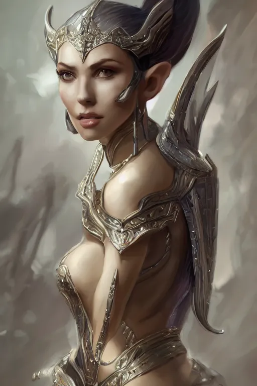 Prompt: three-quarters portrait pose of a beautiful woman, slim body, shining armor, elf warrior, fantasy, intricate, elegant, highly detailed, digital painting, artstation, concept art, matte, sharp focus,D&D, illustration, art by Stanley Lau