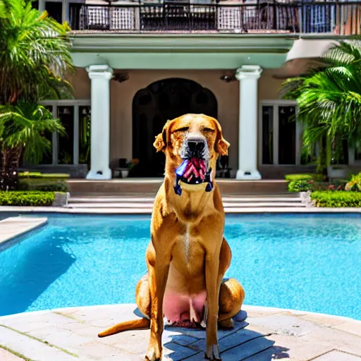 Image similar to a very detailed photo of a dog ( smoking a cigar ) outside the mansion by the pool