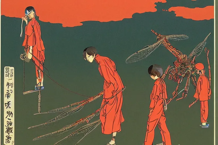Image similar to gigantic dragonflies with human faces catch tiny robots, a lot of exotic mechas robots around, human heads everywhere, risograph by kawase hasui, dirtyrobot, edward hopper, satoshi kon and moebius, colorful flat surreal design, super - detailed, a lot of tiny details, fullshot