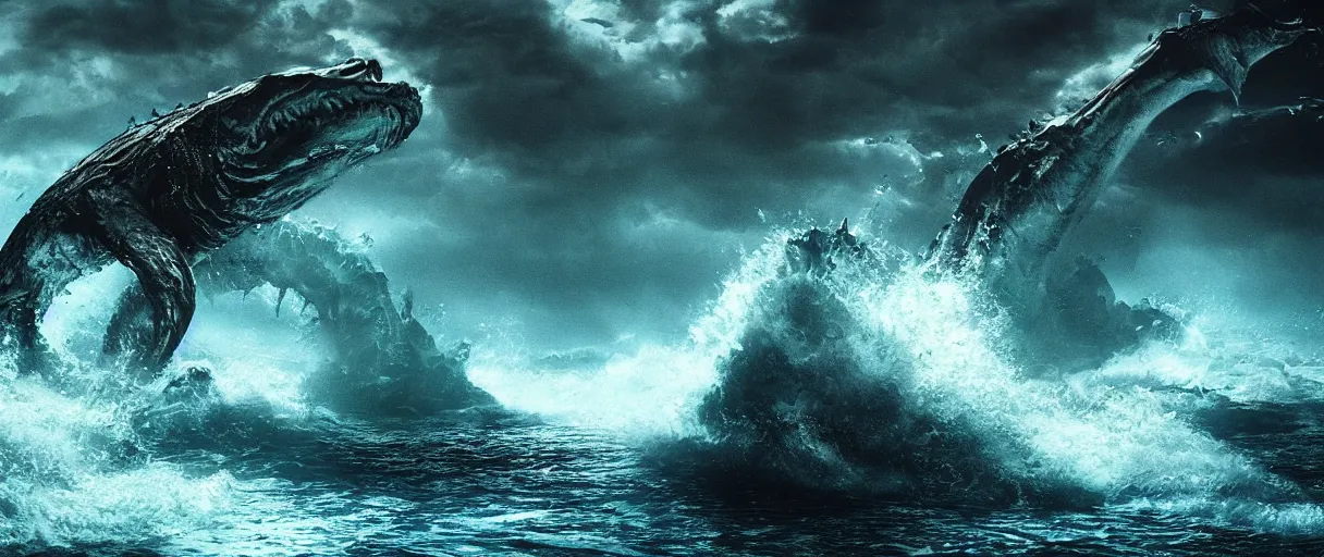 Image similar to ocean monster water flowing dramatic lighting establishing shot extremely high detail foto realistic cinematic lighting post processed
