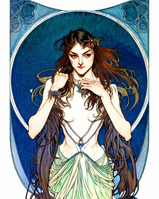 Image similar to in the style of artgerm, arthur rackham, alphonse mucha, phoebe tonkin, symmetrical eyes, symmetrical face, flowing blue skirt, full entire body, hair blowing, intricate filagree, hidden hands, warm colors, cool offset colors