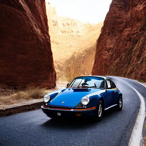 Image similar to cinematic photos of a porsche 9 1 1 9 6 4 cruising through a canyon