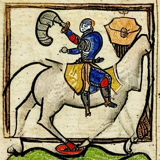 Prompt: medieval drawing of a Knight riding a snail