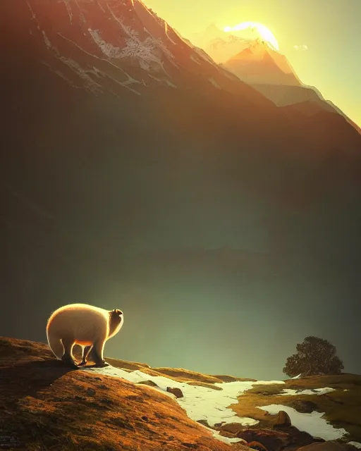 Image similar to white capybara at the peak of himalayas, surreal photography, sunrise dramatic light, impressionist painting, colorful clouds, digital painting, artstation, kilian eng, john harris, bastien lecouffe - deharme, simon stalenhag, flower face