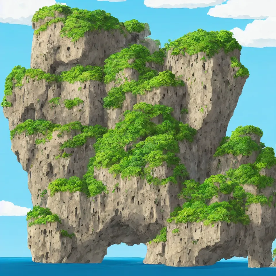 Prompt: an island floating in the air, the island is rocky and bare with some vegetation, waterfalls left from the island flowing into the sea, highly detailed, animated, lovely, dreamy, morandi colour scheme, strong light and shadow atmosphere, painted by ghibli