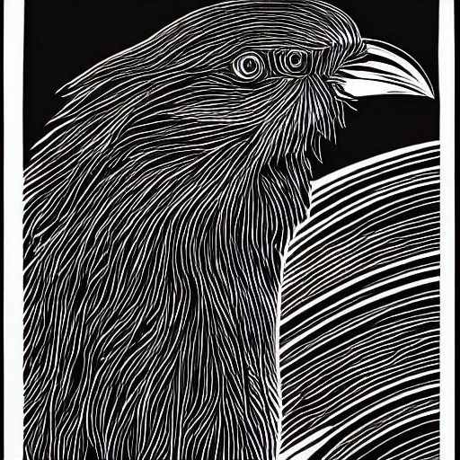 Image similar to crow, bold smooth simple lines block print, 4k, black ink on white paper