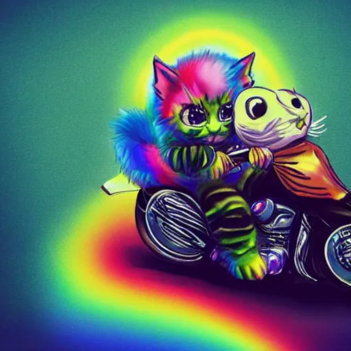 Image similar to wide angle full body, jacket wearing fluffy cute rainbow kitten wearing a black leather motorcycle jacket, riding on a motorcycle, cinematic concept art