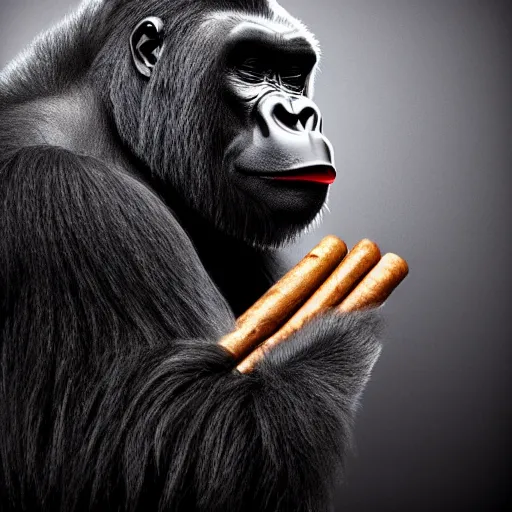 Image similar to a gorilla dressed as a mobster smoking a cigar, cinematic lighting, 4k, realistic