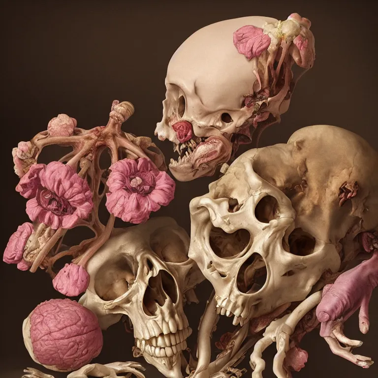 Image similar to still life of rotten flesh, beautiful pastel flowers, human spine, colorful mold, baroque painting, beautiful detailed intricate insanely detailed octane render, 8K artistic photography, photorealistic, chiaroscuro, Raphael, Caravaggio