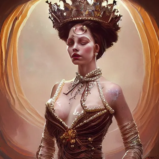 Image similar to a realistic liquid queen with a decorated dress made of white pearls , highly detailed, digital painting, Trending on artstation , HD quality, by artgerm and greg rutkowski and alphonse mucha, dramatic light, octane upscale max