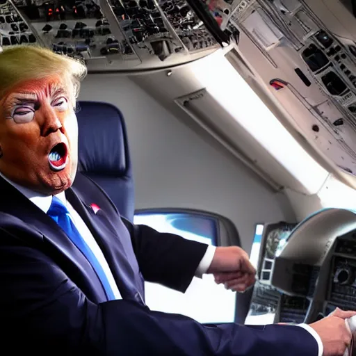 Prompt: Donald Trump in the pilot's seat in an aircraft, screaming, angry, with his hands on the controls, 4k, high quality photograph