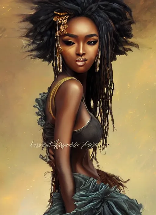 Image similar to a beautiful african woman, 8 k, hyperrealistic, hyperdetailed, beautiful face, long hair windy, dark fantasy, fantasy portrait by laura sava