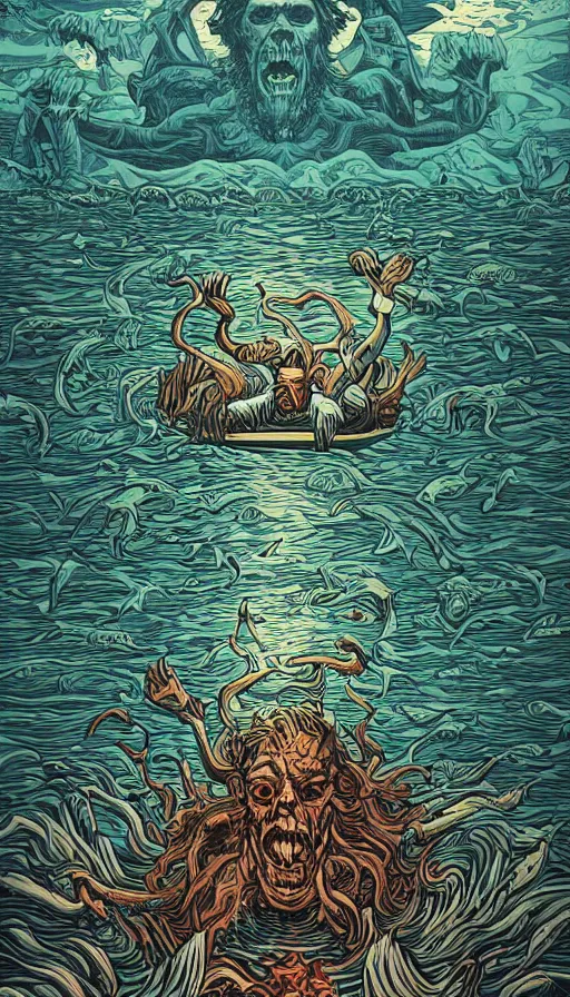 Prompt: man on boat crossing a body of water in hell with creatures in the water, sea of souls, by dan mumford