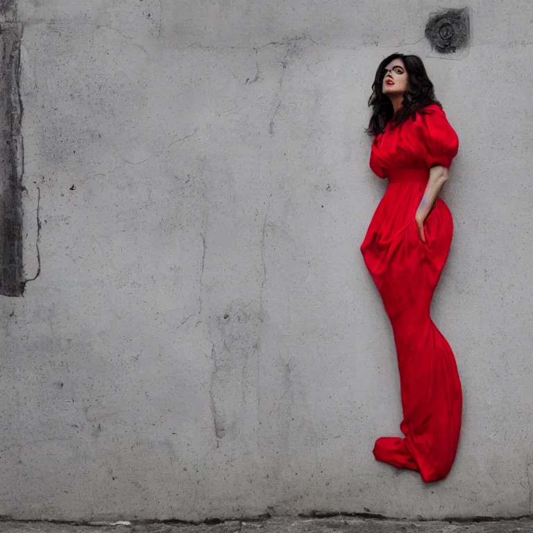 Image similar to Street-art mid-short portrait of Salma Hayek wearing red dress in style of Etam Cru, photorealism, Sony a7R