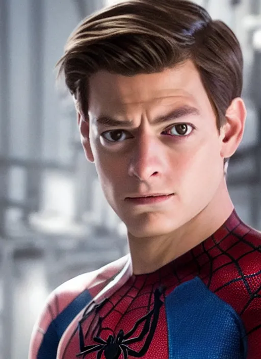Image similar to very handsome peter parker looking at the camera with his spider suit removed to his waist