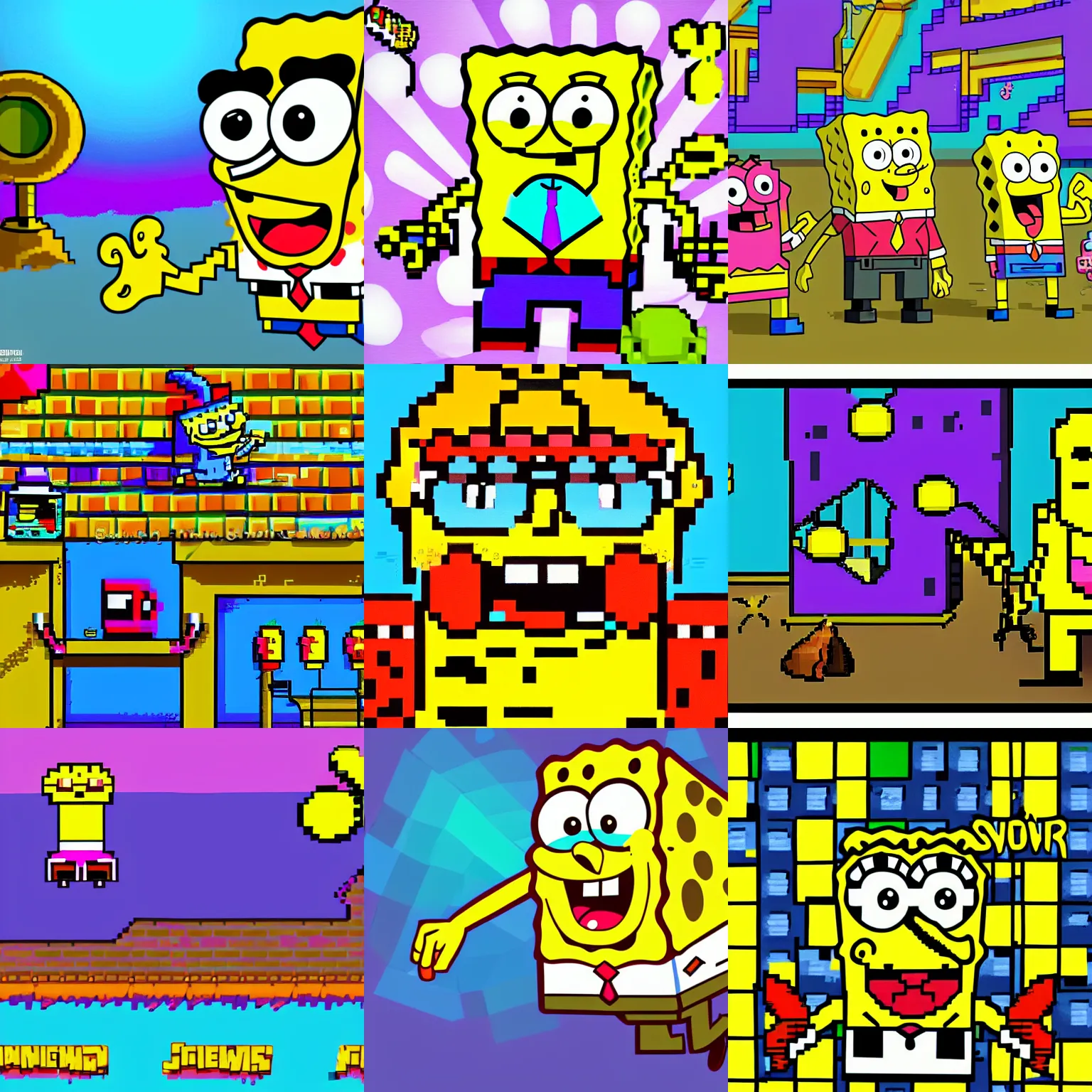 Prompt: spongebob, colorful, fantastic lighting, arcade, videogame, pixel art, high detail, 1 6 bits, 2 d, sprite