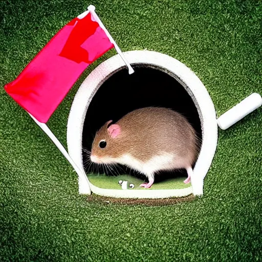 Image similar to “ hamster coming out of a golf hole, golf flag next to the hole ”