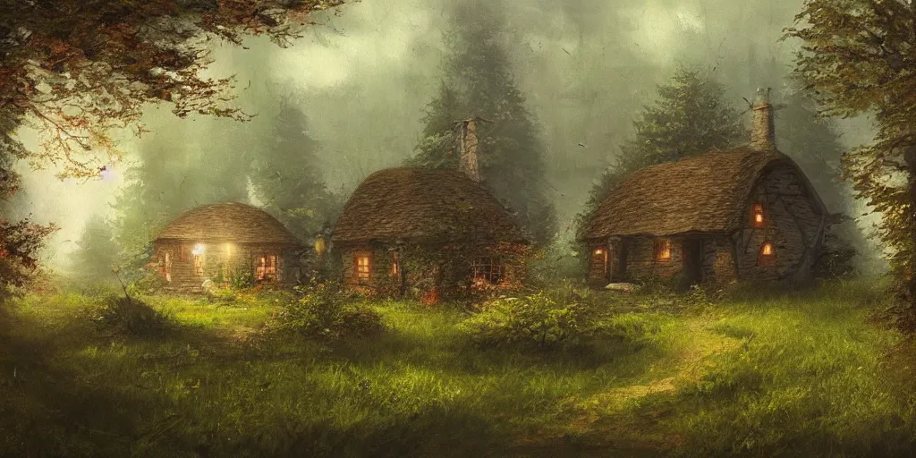 Prompt: a painting of a cottage in the woods and empty woods, 8k, fantasy, hyper realistic, atmospheric, cinematic